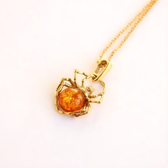 Gold Spider Amber Necklace -14k Gold Plated Sterling Silver - Picture 2 of 4